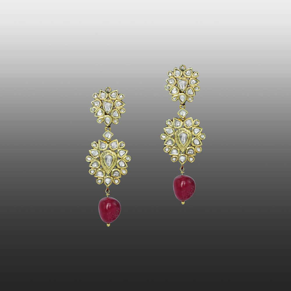 Dual Floral Polki Earrings with Tourmaline Drops